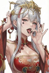 ai_generated blowjob_gesture chenxing_(snowbreak:_containment_zone) qos queen_of_spades queen_of_spades_earrings snowbreak:_containment_zone spade_tattoo tagme wedding_dress wife