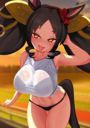 accessory after_workout animal_ears animal_tail big_breasts black_hair bratty browm_hair horse horse_ears horse_ears_girl horse_girl horse_tail looking_at_viewer marvelous_sunday_(umamusume) pov sparkles sparkling_eyes sportswear sweet tongue_out umamusume umamusume_pretty_derby wet wet_t-shirt zarkua_exe