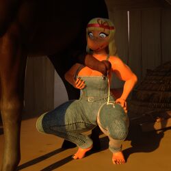 1:1 3d_(artwork) animal_genitalia anonymous_artist anthro bestiality blonde_hair bodily_fluids breasts cavemanon_studios clothed clothing crouching cum digital_media_(artwork) dinosaur duo equid equine equine_genitalia erection female feral fingers genital_fluids genitals hair heather_(snoot_game) horse long_hair male male/female mammal orange_body overalls prehistoric_species reptile scalie snoot_game squatting_pose