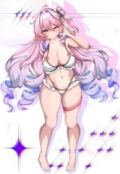 1girls breasts breasts_out denia_(wuthering_waves) exposed_breasts female lingerie long_hair medium_breasts one_eye_closed pink_hair purple_eyes white_lingerie wuthering_waves