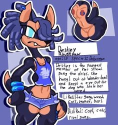 anthro areola black_body black_fur black_nose blue_bottomwear blue_clothing blue_eyes blue_hair blue_nails blue_shirt blue_shorts blue_tank_top blue_topwear bottomwear brown_areola brown_nipples canid canine canis clothed clothing colored_nails dipstick_tail dobermann domestic_dog dreadlocks ear_piercing english_text eyelashes fangs female flat_chested front_view fur genitals hair hair_over_eye hi_res looking_at_viewer mammal markings mschaox6 nails navel nipple_piercing nipples one_nipple_pierced piercing pinscher shirt shorts solo tail tail_markings tan_body tan_fur tank_top teeth text thick_thighs topwear vulva wide_hips