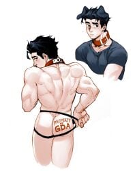 1boy 2025 armpit_hair ass ass_crack ass_focus black_hair black_shirt blush blush_lines blushing butt butt_crack butt_focus closed_mouth clothed clothing collar dog_ears gloves hair invincible invincible_(comics) invincible_(superhero) invincible_(tv_series) light-skinned_male light_skin male male_only mark_grayson nipples open_eyes shirt simple_background solo solo_focus solo_male standing stockings string unfruitpourri viltrumite white_background