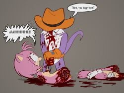 3_toes 4:3 amy_rose anthro barefoot begging_for_death between_breasts blood bodily_fluids breasts constricted_pupils covered_in_blood crying death dialogue dipodid dismemberment duo dying e254e english_text eulipotyphlan fang_the_hunter fatal_wound feet female forced forced_exposure gore gore_focus hedgehog hi_res holding_leg insult jerboa killing knife male mammal natural_breasts nipples nude nude_female pain profanity pupils rodent ryona sadism screaming sega severe_wound severed_arm severed_body_part severed_limb small_pupils soles sonic_the_hedgehog_(series) stab stabbed_heart struggling suffering tears text toes torture violence