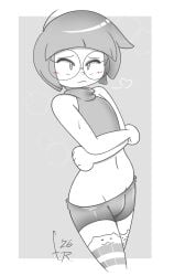1boy 1femboy 2026 artist_signature bike_shorts black_hair blush bob_cut cat_thighhighs embarrassed embarrassed_femboy femboy femboy_focus femboy_only fernal-scarlet fondly_scarlet glasses loose_shorts midriff original round_glasses spats striped_thighhighs taffy_(fernal-scarlet) thighhighs turtleneck_crop_top