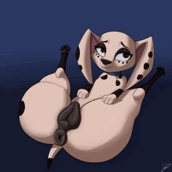 101_dalmatian_street 101_dalmatians 1:1 absurd_res animal_genitalia animal_vulva anus canid canine canine_genitalia canine_vulva disney dolly_(101_dalmatians) female feral flexible genitals hi_res legs_behind_head legs_up looking_at_viewer lying mammal mangoiguess on_back puffy_anus solo vulva