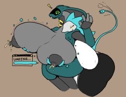 anthro big_breasts big_butt bodily_fluids breast_expansion breast_grab breasts butt clothed clothing darkner deltarune domestic_cat duo expansion felid feline felis female hand_on_breast huge_breasts huge_butt hybrid hyper hyper_breasts lactating machine mammal milk nipples reptile robot scalie snake snapps synth_(vader-san) tasque_manager thick_thighs undertale_(series)