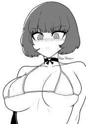 alternate_breast_size bikini blush character_name embarrassed freckles greyscale heart huge_breasts monochrome nancho nervous persona persona_5 persona_5:_the_phantom_x sweatdrop upper_body