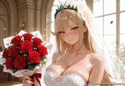 1girl ai_generated bangs bare_shoulders blonde_hair blush bouquet breasts bridal_veil bride cleavage closed_mouth collarbone dress earrings flower holding holding_bouquet indoors jewelry kermixx large_breasts long_hair looking_at_viewer mythra mythra_(xenoblade) red_flower red_rose ring rose shiny shiny_skin smile solo strapless swept_bangs tiara upper_body veil wedding_dress white_dress window xenoblade_(series) xenoblade_chronicles_2 yellow_eyes