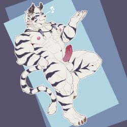 1:1 anthro black_stripes blue_eyes braided_hair charr claws croiyan felid feline flower fur guild_wars hair hi_res horn intersex leaf male mammal muscular muscular_intersex muscular_male nipples pink_nipples plant solo stripes vines white_body white_fur