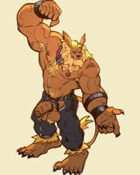 4:5 accessory anthro armpit_hair bandai_namco barazoku big_feet body_hair chaps claws clothing cock_ring digimon digimon_(species) feet felid genital_piercing genitals hi_res jewelry leaking_cock leomon lion male male_anthro mammal mane muscular muscular_anthro necklace pantherine penis penis_accessory penis_jewelry penis_piercing piercing prince_albert_piercing rickleone toe_claws