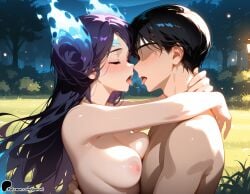 1boy 1girl ai_generated beach black_hair blush breast_press breasts brighid_(xenoblade) bush closed_eyes forest french_kiss from_side hetero hug kiss long_hair medium_breasts nature night nipples nude open_mouth outdoors park pine_tree plant saliva sky sunori tongue tongue_out tree upper_body xenoblade_(series) xenoblade_chronicles_2