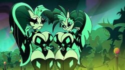 bangs big_breasts breasts chocker clown clown_girl clown_girls demon demon_girl demon_girls demon_horns demoness demonesses demons edit edited edited_screencap female female_only fish_demon fish_humanoid glam_(helluva_boss) glam_sisters_(helluva_boss) glitz_(helluva_boss) green_hair green_skin green_skinned_female head_fin head_fins hellaverse helluva_boss horns huge_breasts large_breasts lipstick long_eyelashes long_hair ltoct1006 mohawk_(hairstyle) ponytail ponytail_female ponytails screenshot screenshot_edit sibling sibling_(lore) siblings sister sister_(lore) sister_and_sister sisters sisters_(lore) slit_pupils thick_thighs thighhighs top_heavy twin_sisters twins unitard wide_hips