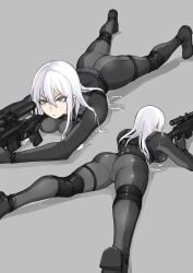 1girl absurdres ass black_bodysuit bodysuit breast_press breasts closed_eyes commentary_request fuku_(fuku12290574) full_body grey_eyes gun highres large_breasts military multiple_views on_floor original rifle scope shadow skin_tight sniper_rifle weapon white_hair