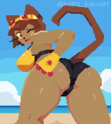 anthro beach bikini bouncing_butt brown_body butt butt_grab camel_toe clothing digital_media_(artwork) felid feline female gameoverse glitch_productions hand_on_butt heart_symbol hi_res hotto_kakuart kit_(gameoverse) kit_bodega looking_back mammal one_eye_closed pixel_(artwork) pixel_animation rear_view sea seductive solo swimwear tail thick_thighs two-piece_swimsuit water wink