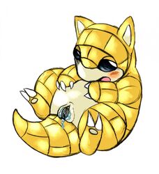 blue_eyes blush female furry nintendo plain_background pokemon pussy pussy_juice sandshrew solo tranquilmyst white_background yellow_body