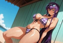 1girl ai_generated bare_shoulders beach bikini blue_eyes blue_sky blurry blurry_background blush breasts cleavage closed_mouth day dutch_angle eyewear_on_head front-tie_bikini_top front-tie_top grimoireeros highschool_of_the_dead large_breasts leaning_back long_hair looking_at_viewer navel ocean outdoors plaid plaid_bikini purple_bikini purple_hair saeko_busujima shiny_skin sidelocks skindentation sky smile solo standing sunglasses sweat swimsuit tan tanlines thick_thighs thighs very_long_hair wet