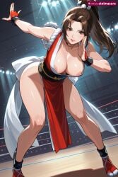 1girl ai_assisted ai_generated areola_slip bangs bare_shoulders bent_over breasts brown_eyes brown_hair cleavage collarbone fatal_fury high_ponytail japanese_clothes large_breasts leaning_forward long_hair looking_at_viewer mai_shiranui ninja nipple_slip nipples no_bra parted_bangs pelvic_curtain ponytail revealing_clothes rope sash shiranui_mai smile solo standing stelmazura thighs