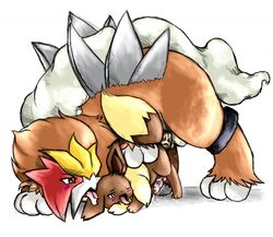 anal balls brown_fur eevee entei fur furry furry_ears furry_tail gay male no_humans plain_background pokemon precum size_difference tail tranquilmyst white_background yellow_eyes