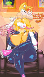 2_tails anthro areola balls biped breasts butt canid canine clothed clothing crossed_legs duo face_fucking fellatio female female_penetrated fox genitals hi_res holding_breast irrumatio larger_female latex latex_clothing lipstick_on_balls male male/female male_penetrating mammal miles_prower multi_tail oral penetration penile penis penis_in_mouth rear_view rouge_the_bat sega sex size_difference smaller_male sonic_the_hedgehog_(series) tail thick_thighs xaveknyne