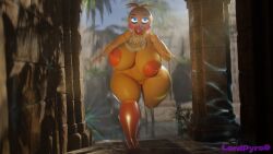 16:9 2024 3d_(artwork) animatronic anthro areola artist_name avian beak bib big_areola big_breasts bird blue_eyes blush blush_stickers breasts chicken clothing digital_media_(artwork) female five_nights_at_freddy's five_nights_at_freddy's_2 galliform genitals glowing glowing_eyes hi_res huge_breasts ineffective_clothing lpyro9 machine navel nipples nude nude_anthro nude_female open_mouth orange_areola orange_nipples outside phasianid robot ruins running running_towards_viewer scottgames solo text thick_thighs toy_chica_(fnaf) vulva widescreen yellow_body