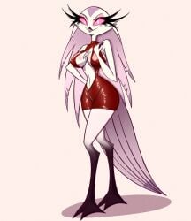 1girls anthro beak big_breasts bird bird_girl breasts cleavage clothing cosplay dress female female_only full_body gatojack3 golden_boy helluva_boss hips legs madame_president_(cosplay) mature mature_female mature_woman milf mother neckwear pink_eyes pink_sclera red_dress revealing_clothes short_dress solo solo_female stella_(helluva_boss) white_body white_skin