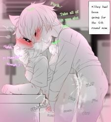 2boys backshots breath_cloud breeding cum_inside cum_on_counter cum_on_legs cumming cumming_from_anal_sex cumming_while_penetrating digital_drawing_(artwork) fingers_in_mouth ghost ghost_boy hand_on_mouth heart_eyes kitchen_sex moaning multiple_rounds plap_(sound) sex_from_behind sex_on_counter shirt_lift shirt_up sweating text tied_hair wolf wolf_boy