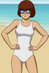 1girls ai_generated beach cartoon_network hands_on_hips hanna-barbera looking_at_viewer one_piece_swimsuit scooby-doo solo standing swimsuit velma_dinkley warner_bros warner_brothers