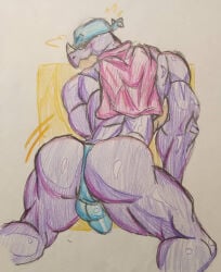 anthro balls barazoku baseball_cap big_balls big_butt brawl_stars butt cape clothing genitals hat headgear headwear huge_balls huge_butt kneeling lizard looking_at_viewer looking_back male male_focus moobs on_knee pierce_(brawl_stars) purple_body purple_scales purple_skin reptile scales scalie solo supercell_(company) welyr