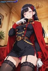 1girl absurd_resolution absurdres ai ai-created ai_art ai_generated anime_coloring anime_screenshot bangs belt black_dress black_hair black_thighhighs blush cape chain chandelier couch detailed_background digital_art dynamic_angle dynamic_pose epaulettes exhibitionism exibitionism exited explicit from_below garter_straps glossy glossy_body glossy_skin gloves gold_trim gorgeous hair_ornament hand_to_mouth hentai hi_res high_contrast high_quality high_resolution in_heat indoors large_breasts long_hair looking_at_viewer low_angle mato_seihei_no_slave military_uniform nsfw panties pantyshot patreon perfect_anatomy pervert_female pink_eyes plump presenting purple_panties rating_explicit red_cape red_hair_ornament sexy sexy_body sexy_female sexy_pose sitting smirk soft_shading solo source_anime spread_legs teasing teasing_viewer thick_thighs thighhighs upskirt voluptuous voluptuous_body voluptuous_female white_gloves yamashiro_ren