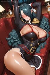 1girl ai_generated arms_up azuma_fubuki black_gloves black_hair blush bottle breasts cleavage cleavage_cutout couch gloves hair_over_one_eye hi_res high_quality high_resolution large_breasts long_hair looking_at_viewer mato_seihei_no_slave patreon savvyraexo seductive sexy shiny shiny_skin solo uncensored watermark yellow_eyes