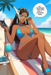 1girl adjusting_eyewear ai_generated aqua_nails artist_name ass bare_shoulders beach beach_chair bikini black_hair blue-tinted_eyewear blue_bikini blue_nails blue_sky bracelet breasts breasts_apart brown_eyes brown_lips cellphone chair cleavage clothing cloud cocktail cup dark-skinned_female dark_skin day earrings english_text eyewear feet female fingernails foot_out_of_frame forehead_jewel headgear high_heels highleg_bikini holding holding_phone jewelry knees_up large_breasts lips long_hair looking_at_viewer lounge_chair medium_breasts meme nail_polish o-ring o-ring_bikini o-ring_top ocean outdoors overwatch palm_tree parted_lips phone sand sandals side-tie_bikini_bottom sitting sky smartphone smile solo speech_bubble strappy_heels summer sunglasses swimsuit symmetra tinted_eyewear toenail_polish toenails toes tree water