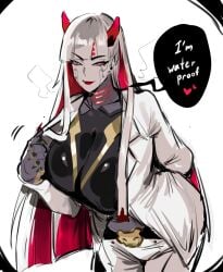 1girl absurdres belt_buckle buckle character_request colored_inner_hair cowboy_shot english_text formal_clothes highres horns jacket kurenaiz_(kuayrenaiz) multicolored_hair overwatch red_hair red_horns shion speech_bubble suit suit_jacket two-tone_hair white_hair white_suit