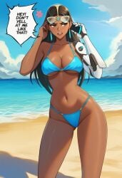 1girl ai_generated anger_vein angry annoyed ass_visible_through_thighs bare_shoulders beach bikini black_hair blue_bikini blue_sky blush breasts brown_eyes brown_hair brown_lips cellphone cleavage clothing cloud collarbone dark-skinned_female dark_skin day earrings english_text eyewear_on_head female forehead_jewel highleg_bikini holding holding_phone hoop_earrings jewelry large_breasts long_hair looking_to_the_side makeup mechanical_arms navel o-ring_bikini ocean open_mouth outdoors overwatch phone prosthesis prosthetic_arm sand single_mechanical_arm sky smartphone solo speech_bubble standing stomach string_bikini sunglasses swimsuit symmetra talking_on_phone teeth thighs underboob upper_teeth_only water