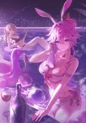 2girls animal_ears ass ass_focus black_swimsuit breasts breasts_out evanescia_(honkai:_star_rail) female fox_ears gray_hair honkai:_star_rail honkai_(series) hoyoverse long_hair medium_breasts mihoyo night pink_hair pool purple_eyes stelle_(honkai:_star_rail) swimsuit white_swimsuit