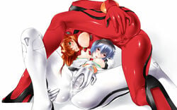 2girls ass asuka_langley_sohryu blue_eyes blue_hair blush bodysuit breast_grab breasts breasts_out cameltoe censored clothing embarrassed female gainax hair hair_ornament highres human large_breasts light-skinned_female light_skin long_hair mosaic_censoring multiple_girls neon_genesis_evangelion nipples orange_hair pale-skinned_female pale_skin pilot_suit plugsuit presenting red_eyes rei_ayanami short_hair skin_tight spread_pussy_under_clothes tyno