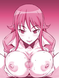 akana_rui breast_hold breasts breasts_out censored chousoku_henkei_gyrozetter female highres large_breasts long_hair monochrome mosaic_censoring nipples open_clothes paizuri penis pink shoumaru_(gadget_box) smile sweat