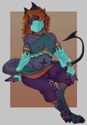 bodily_fluids clothed clothing cum cum_in_clothing cum_through_clothing genital_fluids gerudo_outfit hair horn humanoid male nipple_piercing nipples paws piercing pointy_ears red_hair skimpy smutphibian solo spade_tail tail tiefling wet wet_clothing