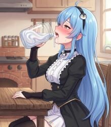 1girls ahoge ai_generated amber_eyes black_dress blue_hair blush cum cum_in_container cumdrip drinking_cum gokkun hair_ornament hispanic_virtual_youtuber indie_virtual_youtuber latam_virtual_youtuber long_hair looking_pleasured swallowing_cum tagme_(character) thighhighs virtual_youtuber