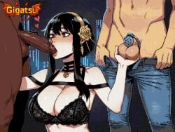 2026 2boys1girl 2d 2d_(artwork) ai_art ai_assisted ai_generated balls black_hair blowjob chastity_cage crossdressing dark-skinned_male dark_skin dithering femboy feminine_male feminization gay gigatsu girly_boy grabbing_balls limited_palette patreon patreon_username pixel_(artwork) pixel_art retro retro_artstyle sissification sissy size_difference spy_x_family trap yaoi yor_briar