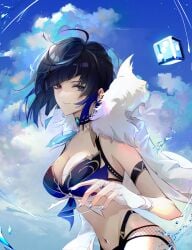 absurdres ahoge aqua_gem artist_request big_breasts bikini black_choker blue_bikini blue_eyes blue_hair blue_nails blunt_bangs breasts chinese_commentary choker cloud coat coat_on_shoulders commentary_request cowboy_shot dice fingerless_gloves fingernails fishnets fur-trimmed_coat fur_trim gem genshin_impact gloves highres hoyoverse large_breasts long_fingernails looking_at_viewer midriff mihoyo mihoyo_technology_(shanghai)_co._ltd. mole mole_on_breast navel no_nose purple_lips short_hair sky smile stomach swimsuit tassel_choker thread water white_coat white_gloves yelan_(genshin_impact)