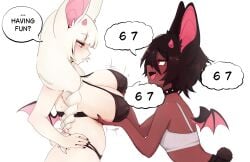 2girls 67 67_(meme) 6_7_(meme) alternate_version_available animal_ear_fluff animal_ears bat_ears bat_girl bat_wings batcat_(blairevt) bikini black_bikini black_collar black_hair black_nail_polish black_nails blairevt blush blush_lines braided_hair braided_sidelock breast_grab breasts covered_nipples dark-skinned_female dark_skin english english_text female female_only grabbing_another's_breast hair_bobbles hair_ornament hand_on_hip heavy_breasts highleg highleg_bikini horns huge_breasts humanized lifting_breasts meme motion_lines narrowed_eyes navel nipples_visible_through_clothing personification pink_eyes presenting_breasts presenting_own_body presenting_own_breasts short_hair sidelocks skin_fang skindentation small_breasts snaggle_tooth speech_bubble spiked_collar swimsuit tail text white_hair wings