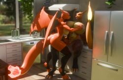 3d_(artwork) absurd_res anthro barely_visible_genitalia barely_visible_vulva big_breasts blacklya bodily_fluids breasts charizard charizard_(blacklya) clothing collar digital_media_(artwork) dragon duo female female/female generation_1_pokemon genital_fluids genitals hi_res kissing kitchen legwear mythological_creature mythological_scalie mythology nintendo nipples pinup pokemon pokemon_(species) pokemorph pose scalie spread_legs spreading stockings thick_thighs touching_breast vaginal_fluids vulva wet wet_body yukizard_(evov1)
