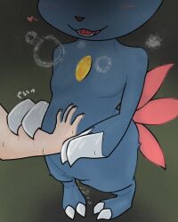 4:5 anthro black_nose blood blue_body blue_fur bodily_fluids breath canacrow chest_gem claws disembodied_hand female front_view fur gem generation_2_pokemon genital_fluids green_background grey_claws hand_on_belly hi_res in_heat nintendo open_mouth open_smile pokemon pokemon_(species) simple_background smile sneasel solo sweat sweatdrop vaginal_fluids