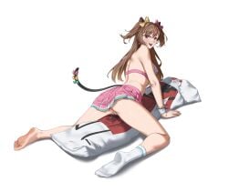1girls akkuon anus barefoot basti_(girls'_frontline_2) blue_eyes blush body_pillow bottomless bra brown_hair censored cheerleader_uniform commander_(girls'_frontline) dakimakura_pillow female girls'_frontline girls'_frontline_2:_exilium hair_bow heterochromia long_hair looking_back mk23_(girls'_frontline) mosaic_censoring one_sock open_mouth pussy pussy_juice pussy_juice_drip red_eyes skirt soles straddling tail tongue tongue_out twintails