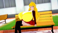 3d_(artwork) big_boobs big_breasts blonde_hair bra exposed_breasts female female_only koikatsu outdoors outside rwby ultimate_collector uniform yang_xiao_long