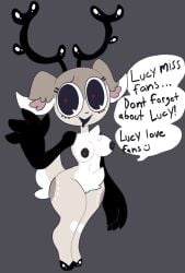 anthro antlers areola big_ears black_antlers black_areola black_eyes black_nipples black_nose breasts crotch_tuft deer dialogue english_text eyelashes female freckled_face freckles fur genitals grey_background grey_body grey_fur hi_res hooves horn looking_at_viewer lucy_(mschaox6) mammal mschaox6 navel nipples simple_background solo speech_bubble talking_to_viewer text thick_thighs tuft vulva white_body white_fur wide_hips