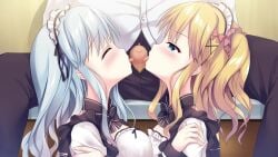 1boy 1boy1girl 2girls aqua_hair blonde_hair blowjob braided_hair breasts censored clothed cooperative_fellatio game_cg hair_ornament hair_ribbon kimi_to_hajimeru_dasan_tekina_lovecome large_breasts long_hair maid maid_headdress maid_outfit maid_uniform medium_breasts mosaic_censoring penis sakura_nono shirt side_braid side_ponytail sousouman teidou_shirayuki threesome tied_hair wavy_hair
