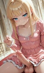 1futa ai_generated balls blonde_hair blue_eyes breasts cum cum_drip cum_dripping_from_penis cum_string cumdrip dickgirl dress erection female futa_only futanari hime_cut hime_girl_(jamesbron) intersex jamesbron long_hair looking_at_viewer no_panties penis penis_out pink_dress sitting small_breasts smile smug solo solo_futa spread_legs thighs