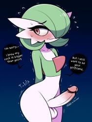 3:4 absurd_res anthro balls big_penis blush bodily_fluids english_text erection femboy gardevoir generation_3_pokemon genitals green_hair hair hi_res humanoid interspecies male misgendering nervous nintendo penis pokemon pokemon_(species) red_eyes shaking shy solo speech_bubble standing sweat sweatdrop t-kila text tremble_lines trembling white_body white_skin