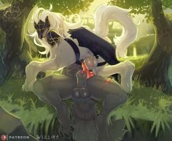 animal_genitalia animal_penis anthro armor balls big_balls big_penis black_armor blaidd_(elden_ring) bodily_fluids butt canid canine canine_genitalia canine_penis canis claws dripping duo elden_ring fluffy fluffy_tail forest fromsoftware fur genital_fluids genitals grass grey_body grey_fur headgear helmet hi_res knot male male/male maliketh_(elden_ring) mammal on_grass on_ground penis penis_tip plant plate_armor precum precum_drip scar scars_all_over tail tongue tongue_out tree wizzikt wolf